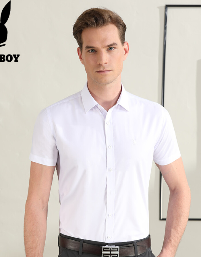 PLAYBOY/花花公子旗艦店襯衫男短袖夏季新品免燙時(shí)尚白色上班工裝襯衣男裝寸衫 白色 52/180/XL
