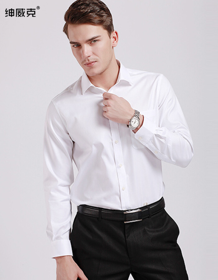 紳威克 時(shí)尚品牌男裝 男士職業(yè)正裝修身白襯衫男 長(zhǎng)袖 商務(wù)紳士小方領(lǐng)襯衣 白色暗紋 37