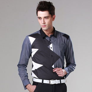 公子一派 新款個性潮男襯衣黑白灰?guī)缀纹瓷惺块L袖襯衫cs21014