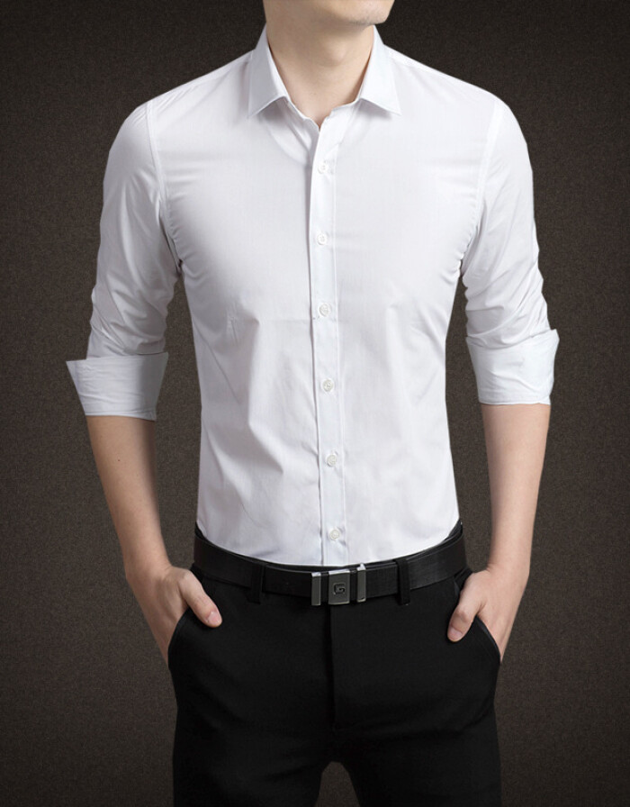 尊首 男士長袖純色襯衣襯衫男商務職業工衣 白色 XL